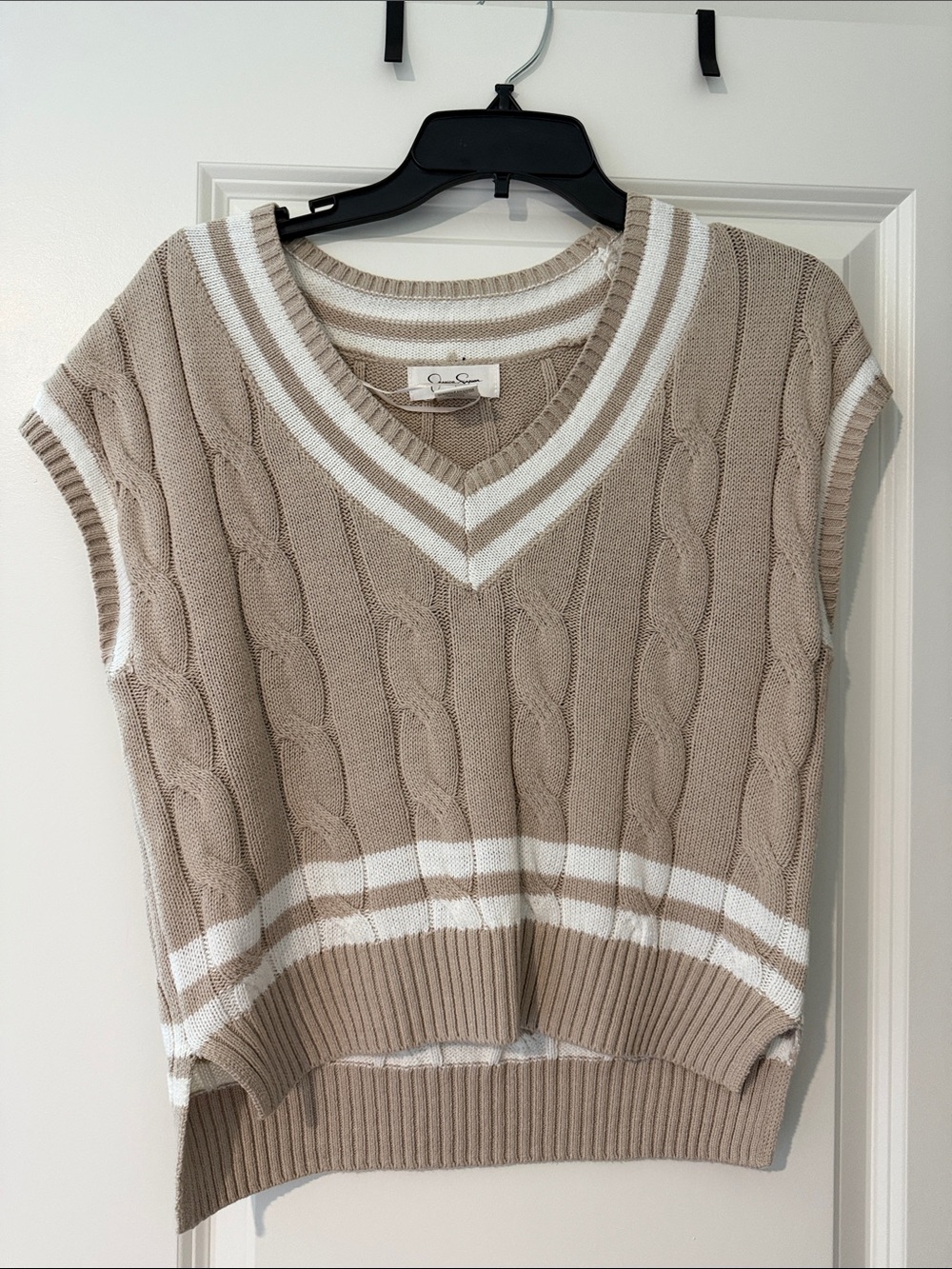 Jessica Simpson Taupe Cable Knit V-Neck Sweater Vest with White Stripes